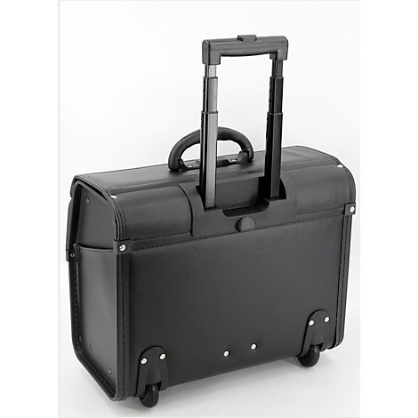 Valise à roulettes noire avec poignée rétractable et poignée, posée sur un fond clair.
