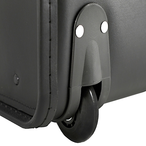 Gros plan sur une roue de valise noire avec support et deux rivets blancs.