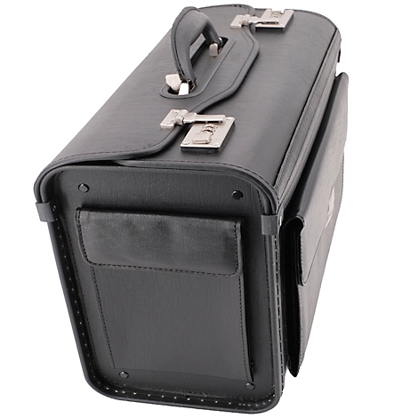 Mallette noire, poignée, fermoirs, poche extérieure.