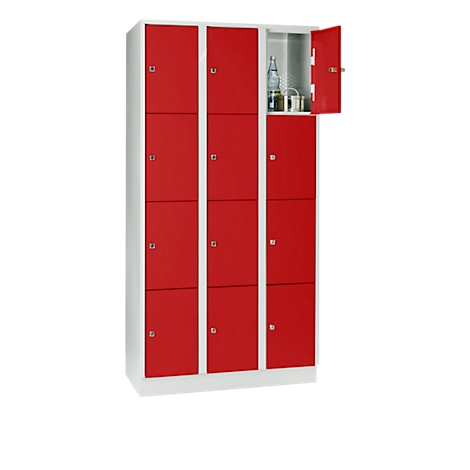 Cabinet with red doors, one door is open. Inside the cabinet: bottle, cup.