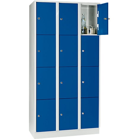 Blue locker with open door. Bottle, mug inside.
