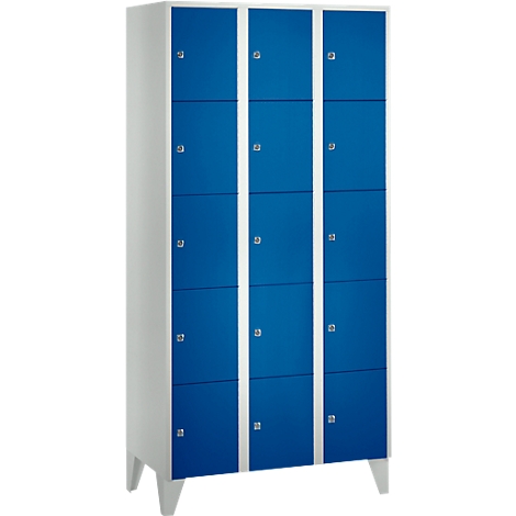 Cabinet with blue doors, white frames, and feet. Each door has a silver handle.