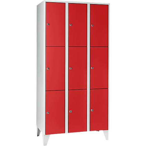 Red locker with nine compartments. White frames and legs. Small silver handles on the doors.