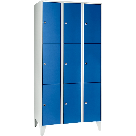 Cabinet with nine blue doors, white frames, silver handles, standing on white feet.