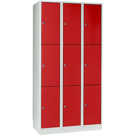 A cabinet with nine red doors. The doors are arranged in three columns and three rows. The cabinet frames are white.