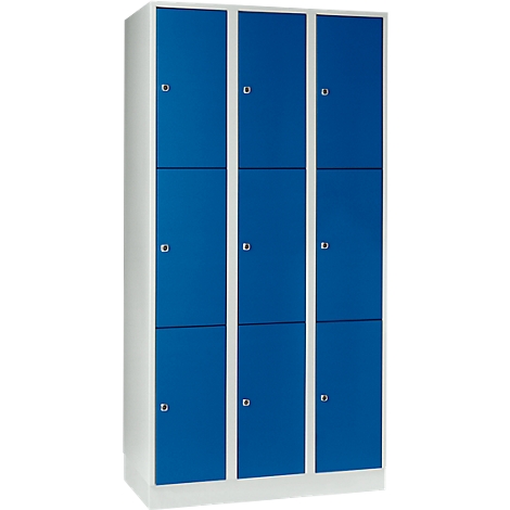 A white locker with nine blue doors and silver handles.