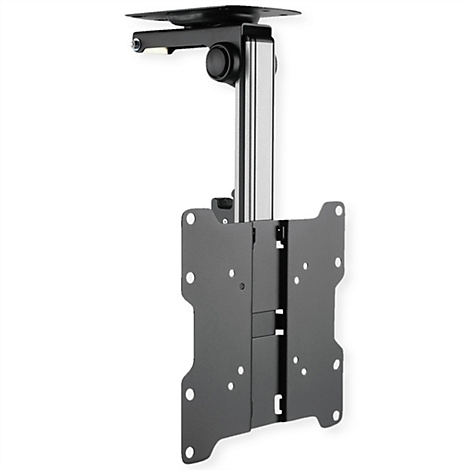 Schwarze Deckenhalterung für Fernseher mit ausziehbarem, silbernem Arm vor weißem Hintergrund.