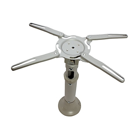 Silberne Beamer-Deckenhalterung mit zentraler Stange und verstellbarem Vier-Arm-Montagesystem vor weißem Hintergrund.