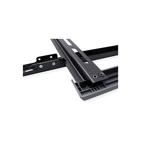 Detailansicht einer schwarzen TV-Wandhalterung aus Metall, die an einem grauen Kunststoffelement befestigt ist.