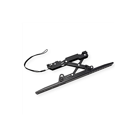 Schwarze, ausklappbare TV-Wandhalterung aus Metall mit einem Entriegelungsband vor weißem Hintergrund.