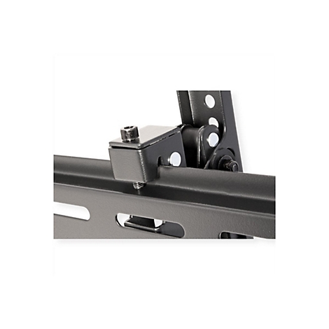 Detailansicht eines schwarzen Metall-Verriegelungsmechanismus an einer TV-Wandhalterung.
