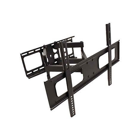 Schwarze TV-Halterung, schwenkbar. Besteht aus mehreren Metallplatten und -streben, die mit Schrauben verbunden sind.
