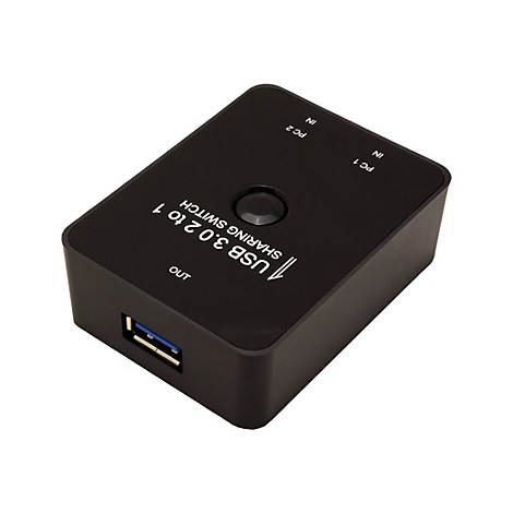 Schwarzer USB 3.0 Sharing-Switch mit Umschaltknopf, Anschlüssen für zwei PCs und einem USB-Ausgang.
