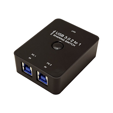 Schwarzer USB 3.0 Sharing Switch mit zwei Eingängen für PCs und einem zentralen Umschaltknopf.