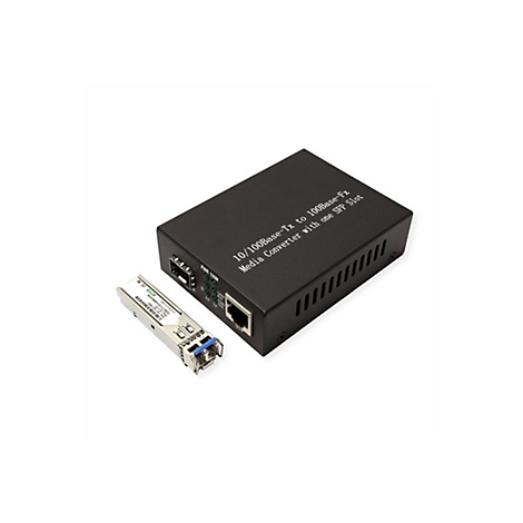 Schwarzer 10/100Base-Tx auf 100Base-Fx Medienkonverter mit SFP-Modul auf weißem Hintergrund.