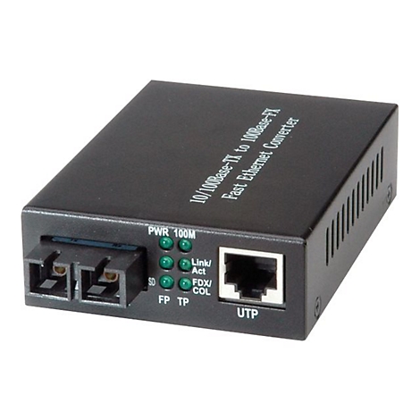 Schwarzer Fast Ethernet Konverter mit Glasfaser- und RJ45-Anschlüssen sowie Status-LEDs auf weißem Grund.