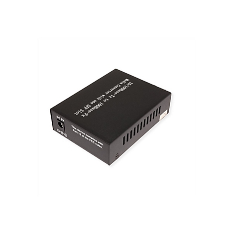 Schwarzer 10/100Base-Tx auf 100Base-Fx Medienkonverter mit SFP-Slot auf weißem Hintergrund.