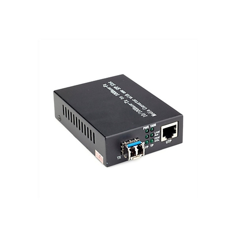 Schwarzer Media Converter 10/100Base-Tx zu 100Base-Fx mit SFP-Slot, RJ45-Port und Status-LEDs auf weißem Hintergrund.