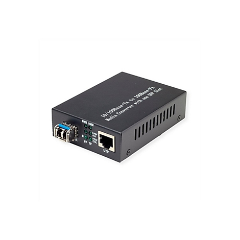 Schwarzer 10/100Base-Tx zu 100Base-Fx Medienkonverter mit SFP-Slot und Netzwerkanschluss auf weißem Hintergrund.
