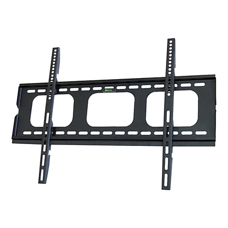 Schwarze TV-Wandhalterung aus Metall mit integrierter Wasserwaage vor weißem Hintergrund.