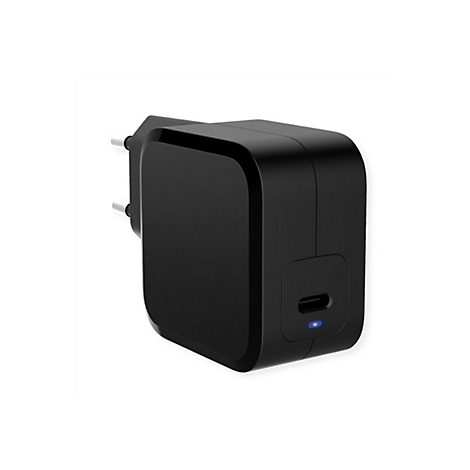 Schwarzes USB-C-Wandladegerät mit EU-Stecker und leuchtender blauer Status-LED auf weißem Hintergrund.