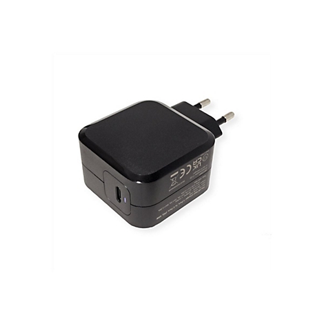 Schwarzes 45W USB-C Netzteil mit Eurostecker vor weißem Hintergrund.
