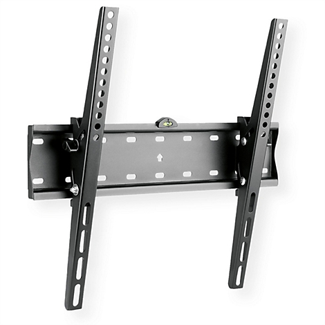 Schwarze TV-Wandhalterung aus Metall mit vertikalen Schienen und integrierter Wasserwaage vor weißem Hintergrund.