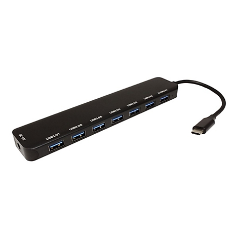 Schwarzer USB-C-Hub mit sieben USB 3.0-Anschlüssen und einem Netzanschluss auf weißem Hintergrund.