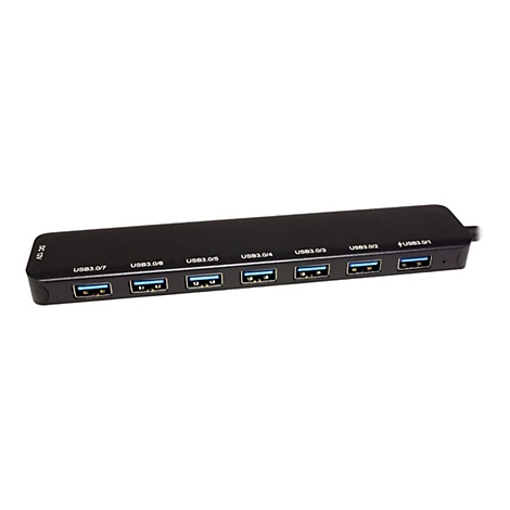 Schwarzer USB-3.0-Hub mit sieben nummerierten Anschlüssen und einem Netzanschluss auf weißem Hintergrund.