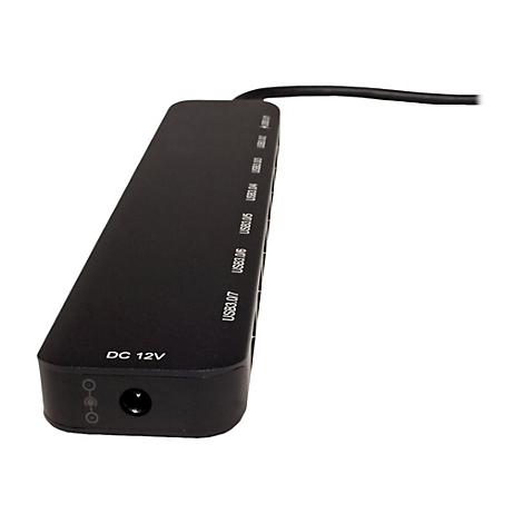 Schwarzer USB-Hub mit sieben USB 3.0 Anschlüssen und einem 12V Stromanschluss.