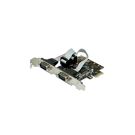 PCIe-Erweiterungskarte mit zwei seriellen DB9-Anschlüssen an einer Metallblende, verbunden über Flachbandkabel.
