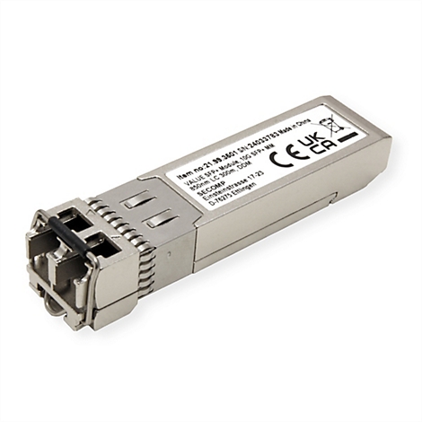 Silbernes 10G SFP+ Glasfaser-Transceiver-Modul mit Aufkleber und LC-Anschluss vor weißem Hintergrund.