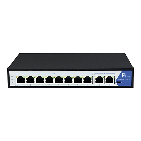 Schwarzer 10-Port PoE-Netzwerk-Switch mit Ethernet-Anschlüssen vor weißem Hintergrund.