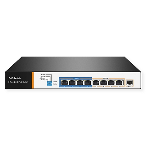 Schwarzer 8-Port 2.5G PoE-Switch mit DIP-Schaltern und SFP-Port vor weißem Hintergrund.