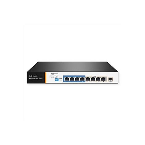Schwarzer 8-Port 2.5G PoE-Switch mit Netzwerkanschlüssen, LED-Anzeigen und DIP-Schaltern auf weißem Hintergrund.