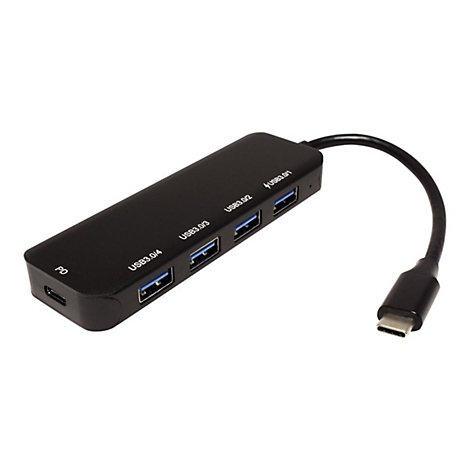 Schwarzer USB-C-Hub mit vier Anschlüssen und kurzem Kabel vor weißem Hintergrund.