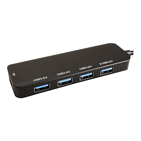 Schwarzer USB-Hub mit vier USB-3.0-Anschlüssen und einem PD-Port vor weißem Hintergrund.