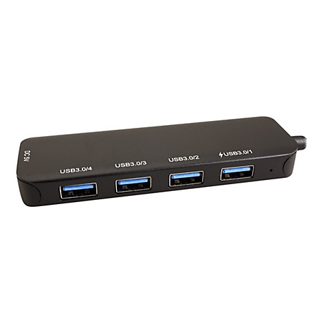 Schwarzer USB-3.0-Hub mit vier Ports vor weißem Hintergrund.