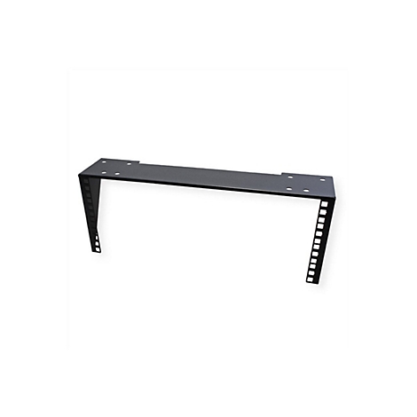 Schwarze, U-förmige 19-Zoll-Server-Rack-Wandhalterung aus Metall mit quadratischen Befestigungslöchern.