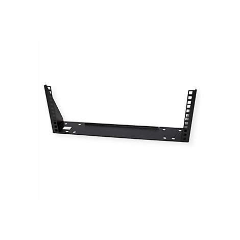 Schwarze 19-Zoll-Rack-Wandhalterung aus Metall vor weißem Hintergrund.
