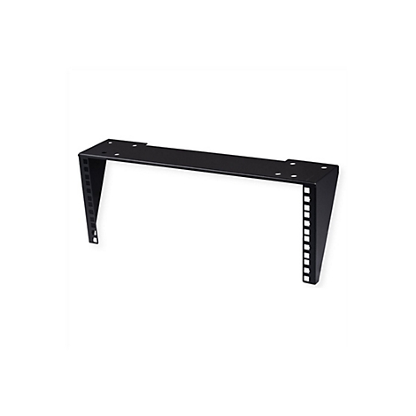 Schwarze, u-förmige Wandhalterung für Server-Racks aus Metall mit quadratischen Montagelöchern.