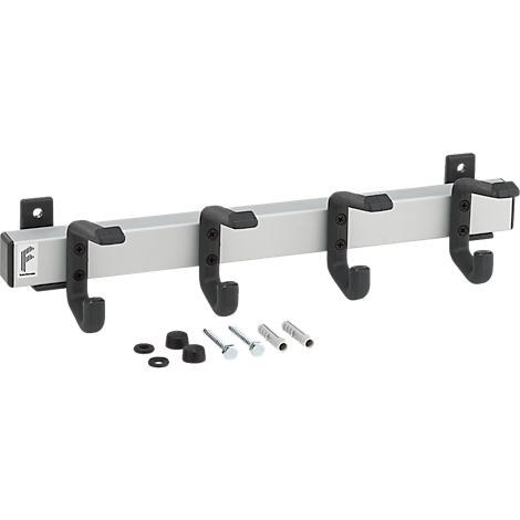 Metalen wandgarderobe met vier zwarte haken en bevestigingsmateriaal.