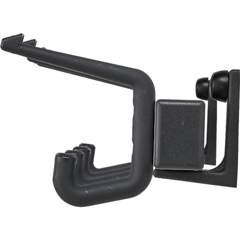 Zwarte wandhaak voor gereedschap. Met vier haken, een vierkant blok en een beugel.