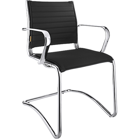 Black cantilever chair with chrome frame. Seat and backrest padded and with horizontal stripes.