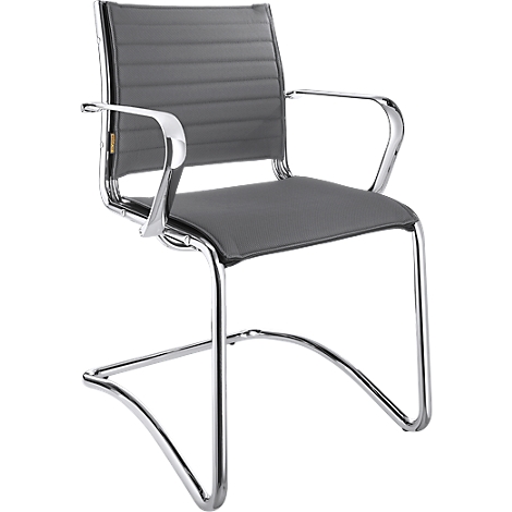 Gray cantilever conference chair with armrests, chrome frame, and ribbed backrest.