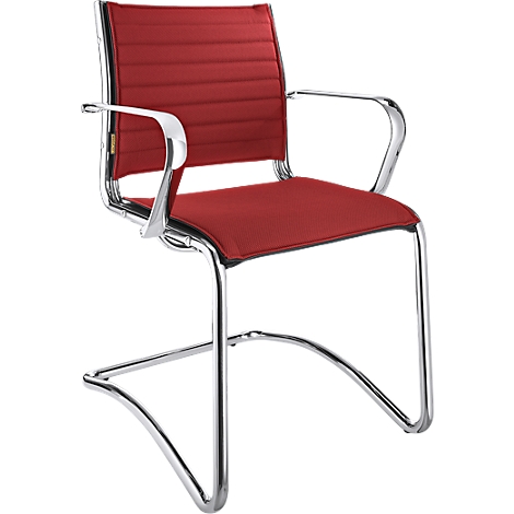 Red chair with chrome frame, armrests and horizontal stitching in the backrest.