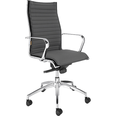 A grey office chair with armrests, chrome frame and castors, against a white background. The seat is horizontally ribbed.