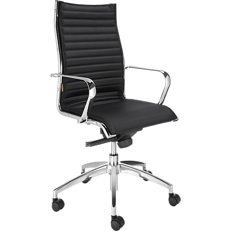 Black office chair with chrome frame and wheels. The backrest and seat are padded.