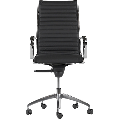 Black office chair with chrome metal frame and armrests. The seat is horizontally ribbed.