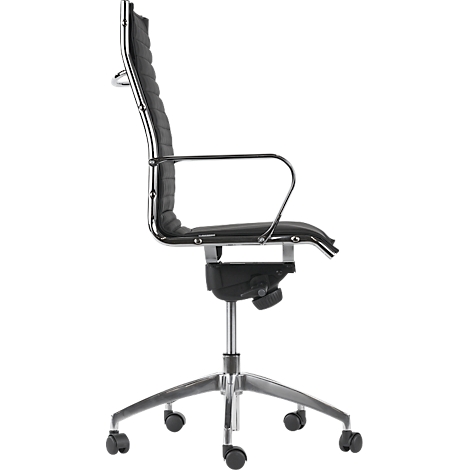 Black office chair with chrome armrests and frame, side view.